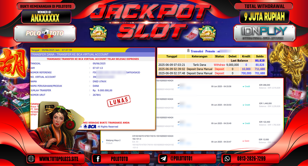 POLOTOTO JACKPOT SLOT MAHJONG WAYS 2 Rp.9.000.000,-