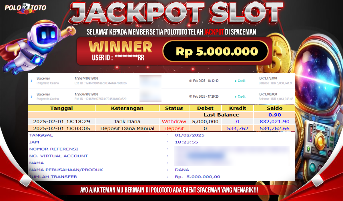 POLOTOTO JACKPOT SLOT SPACEMAN Rp.5,000.000,-