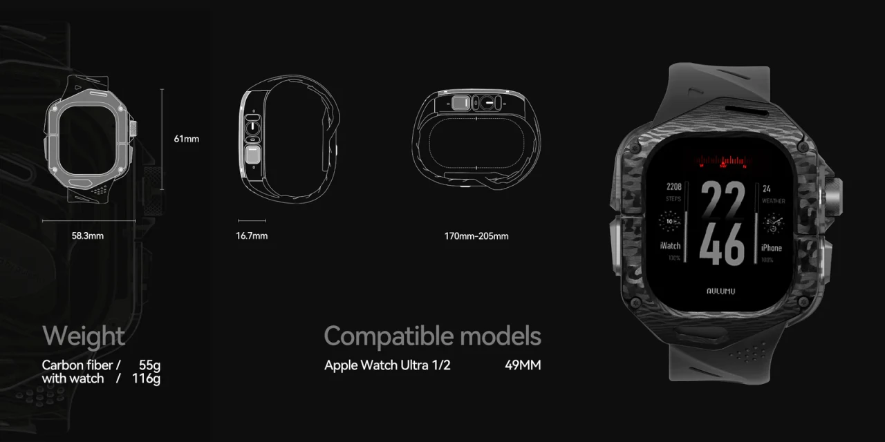 Set Husa si Curea pentru Apple Watch Ultra 1/2/3, Aulumu A01, din Fibra de carbon si cauciuc, Rezistenta la socuri, Butoane metalice tactile, Protectie 360°, Banda FKM elastica si durabila, Rezistenta la apa si transpiratie, Design premium, Negru A01 C PC BLOCK 4