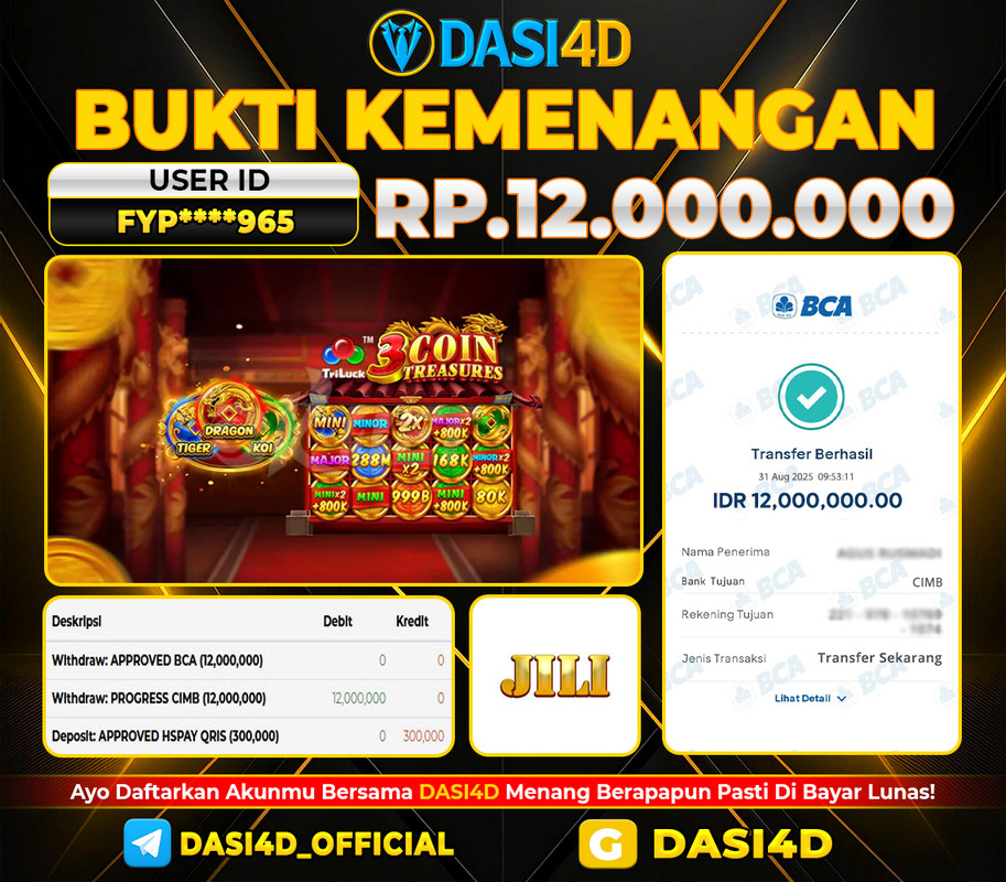BUKTI KEMENANGAN 31 AGUSTUS 2025 DI  3 COIN TREASURES  RP. 12.000.000