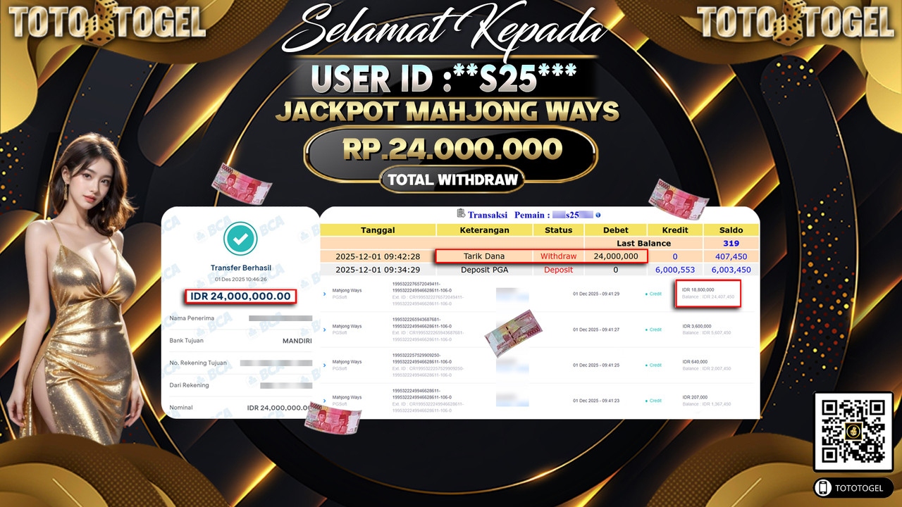 Bukti Pembayaran Jackpot Permainan Slot Mahjong Ways ID:**S25*** LUNAS