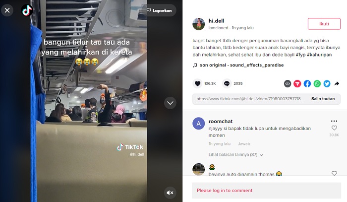 Momen seorang penumpang kereta api yang melahirkan di atas KA Kahuripan viral di media sosial.