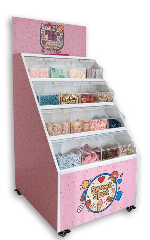Side angle view of the fully stocked candy stand