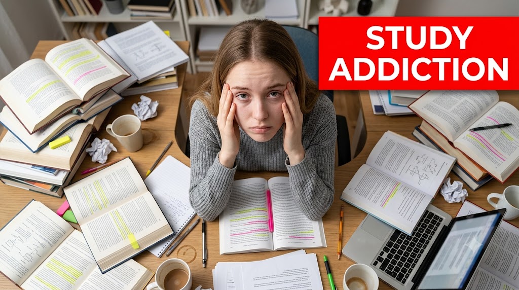 AI-generated example result for the youtube-thumbnail prompt: Education & Tutorial – "STUDY ADDICTION" | Educational Tutorial Youtube Thumbnail AI YouTube Thumbnail Prompt