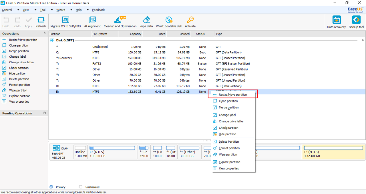 EaseUS Partition Master Free - Partition resize