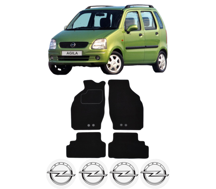 Set Covorase Presuri OPEL AGILA A (H00) din 2000-2007, Auto, Material Textil Mocheta, 4 Stickere auto cu OPEL