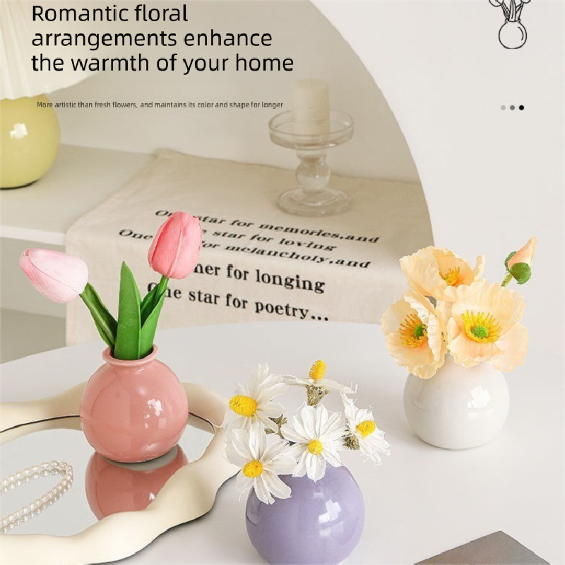 Ceramic Vase with Poppy Artificial Flowers Set – Mini Decorative Pot for Home Living Room or Desk Display