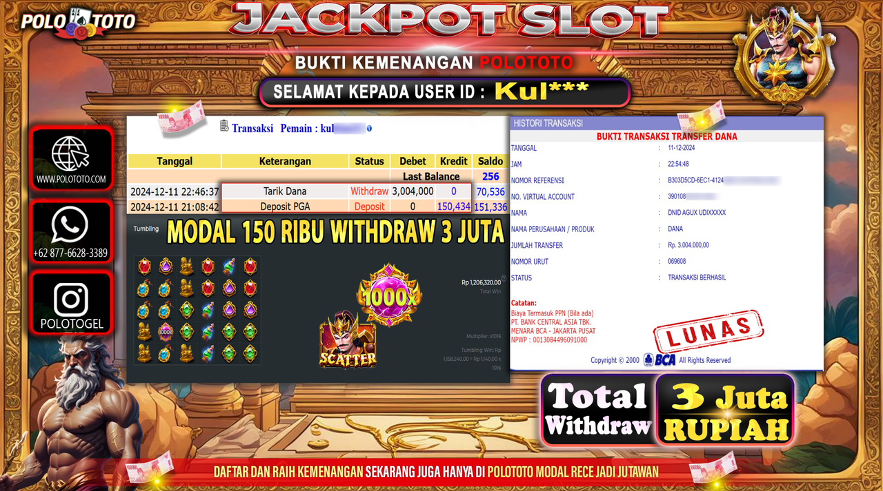 POLOTOTO JACKPOT SLOT GATES OF GATOTKACA 1000 Rp.3,004.000,-