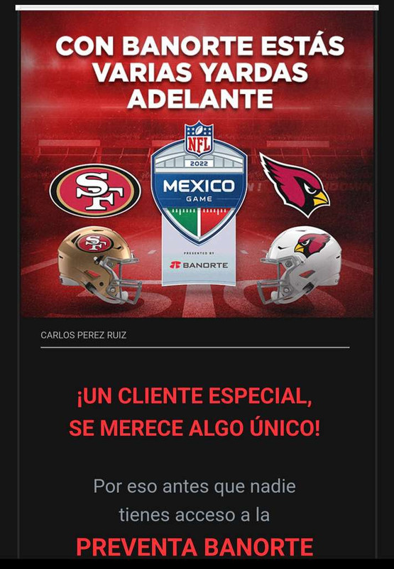 Ticketmaster: Pre preventa NFL 49ers vs Arizona clientes preferente Banorte 
