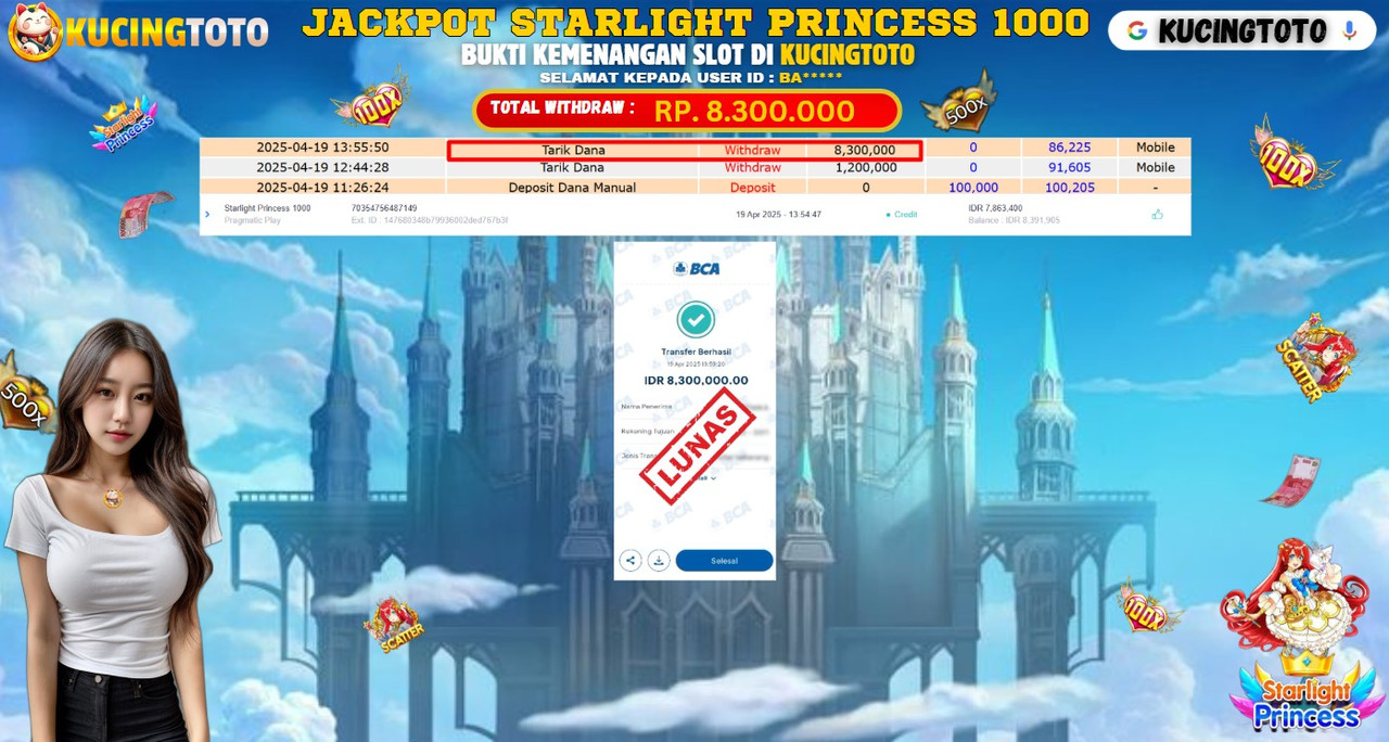 KUCINGTOTO JACKPOT SLOT STARLIGHT PRINCESS 1000 RP.8.300.000.,- LUNAS