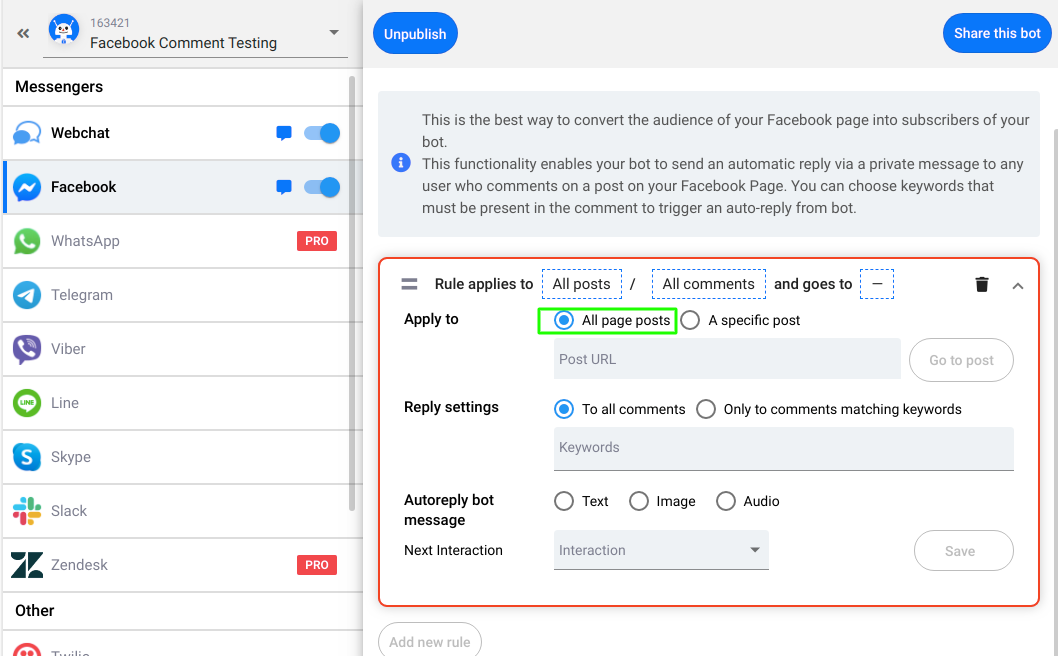 How to create a rule for a Facebook Autoreply bot