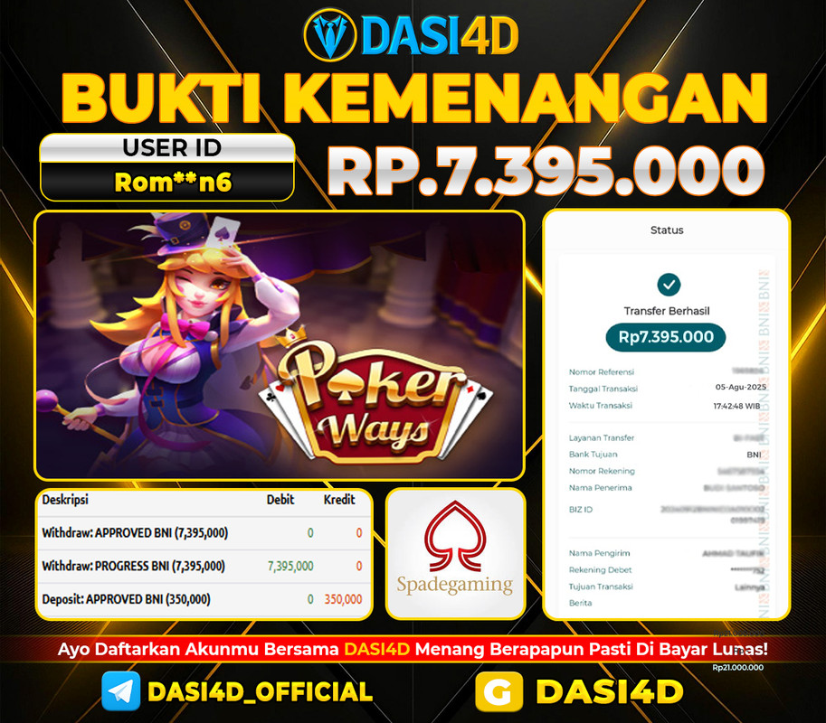 BUKTI KEMENANGAN 05 AGUSTUS DI POKER WAYS WD 7.395.000