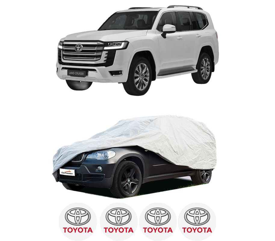 Husa tip prelata auto pentru TOYOTA LAND CRUISER 300 (_J3_) din 2021-2022, Culoare Gri, material textil impermeabil, rezistanta la intemperii praf UV, CARPASSION Husa Protectie, 4 Stickere auto cu TOYOTA