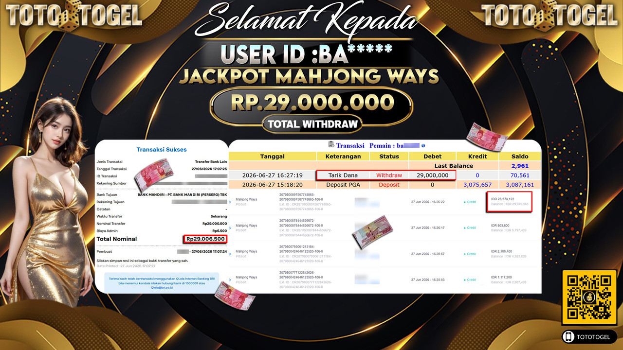 Bukti Pembayaran Jackpot Permainan Slot Mahjong Ways ID:BA*****LUNAS