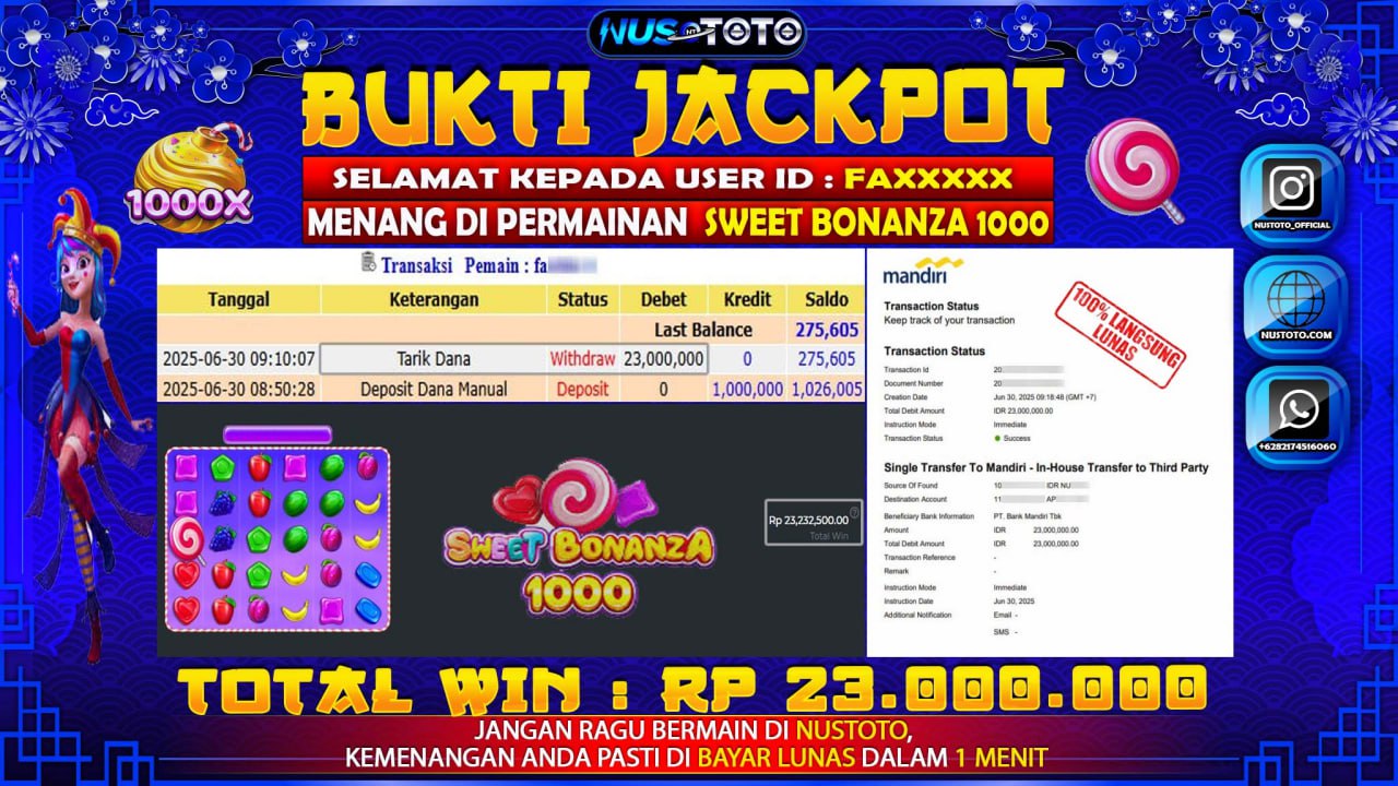 JACKPOT !! MENANG BESAR DI SLOT SWEET BONANZA 1000 Rp. 23.000.000 LANGSUNG DI BAYAR LUNAS NUSTOTO !!
