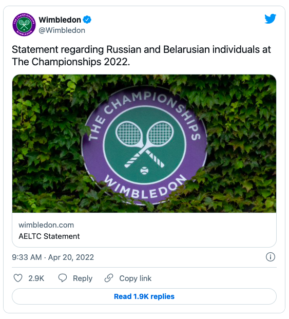 ATP y WTA en contra de Wimbledon por vetar a tenistas rusos y bielorrusos