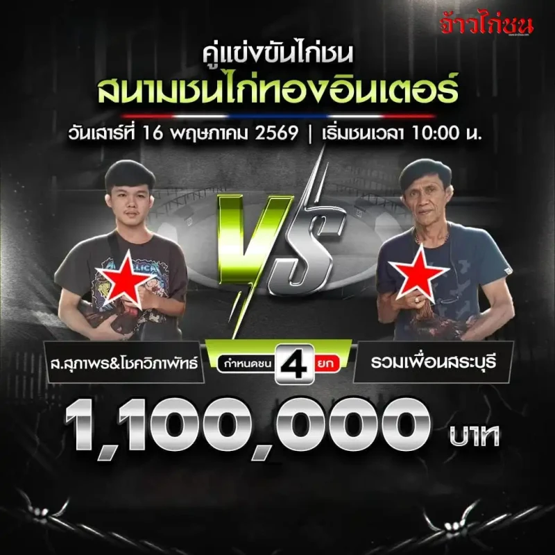 ส.สุภาพรและโชควิภาพัทธ์ vs รวมเพื่อนสระบุรี โปรแกรมไก่ชน สนามชนไก่ทองอินเตอร์ 16 พฤษภาคม 2569