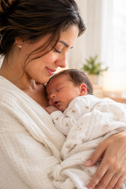 Mãe acolhendo seu bebê recém-nascido no colo