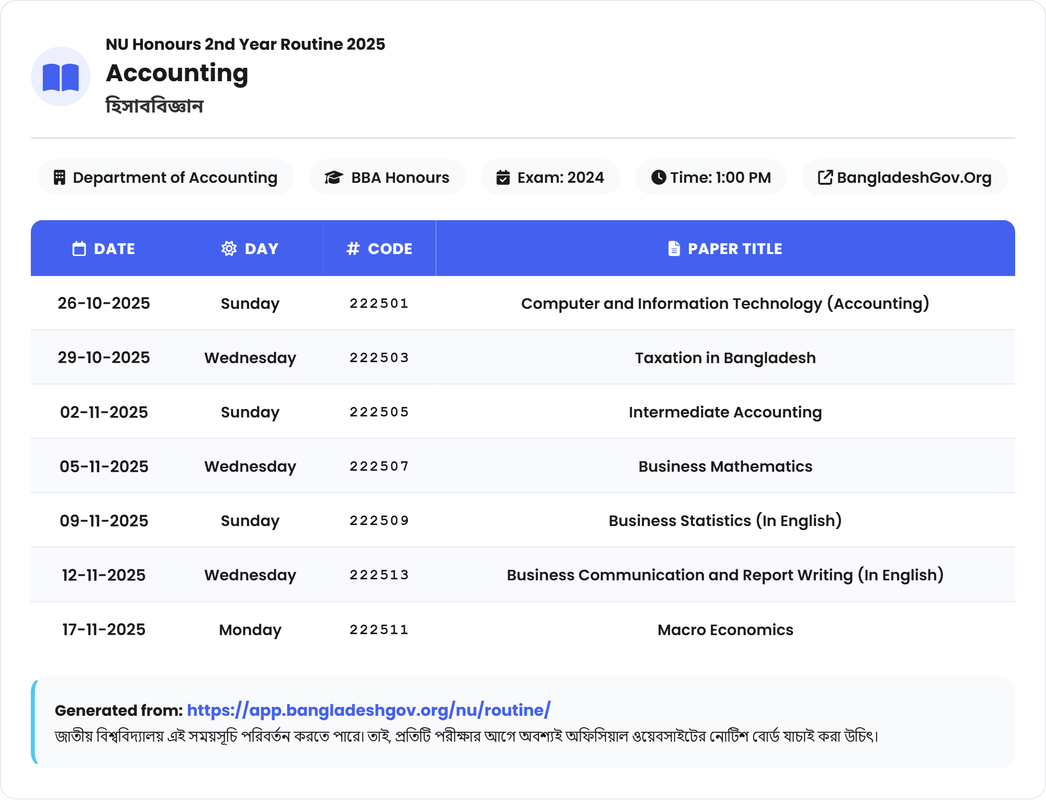 Accounting (হিসাববিজ্ঞান) Routine - Honours 2nd Year Exam 2025