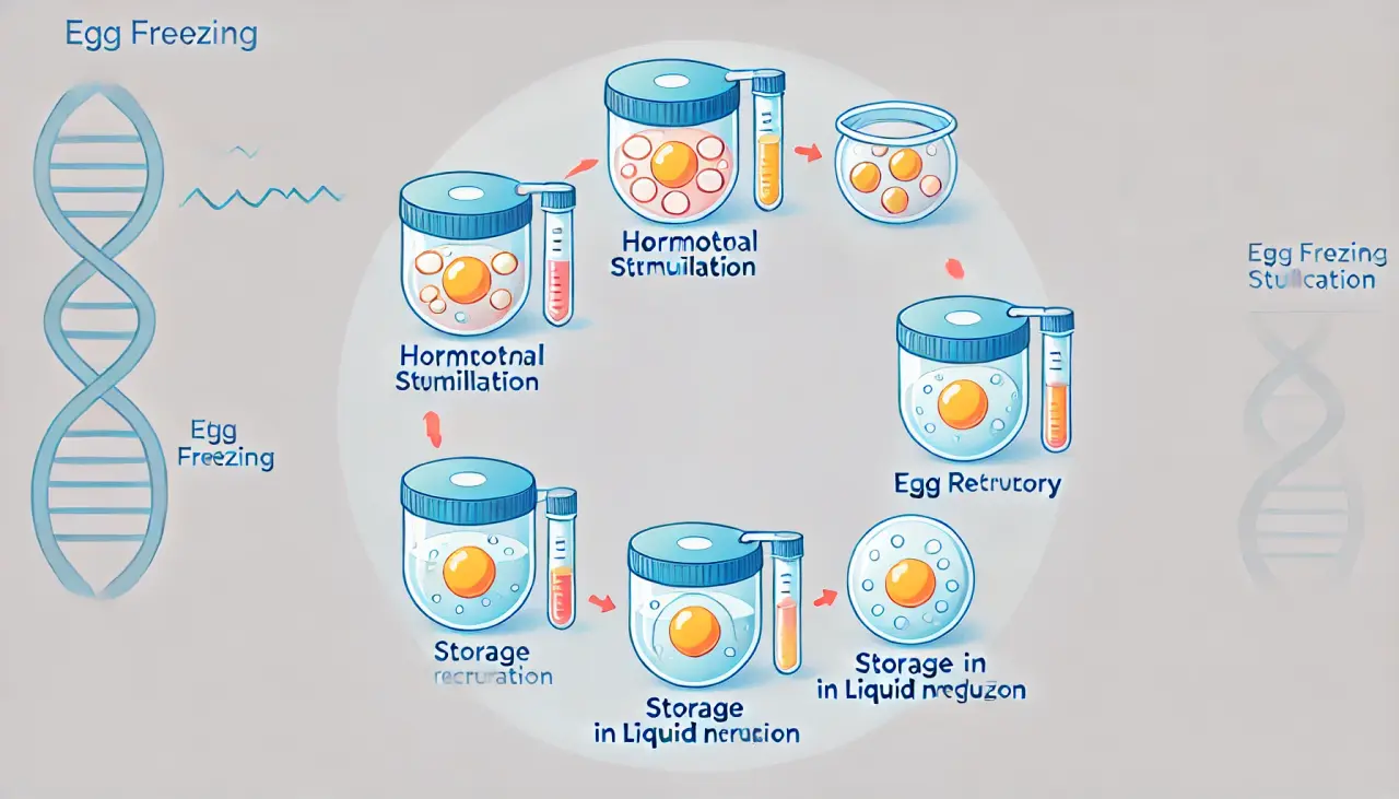 Infographic detailing the steps of the egg freezing process, from hormone stimulation to egg retrieval and storage.