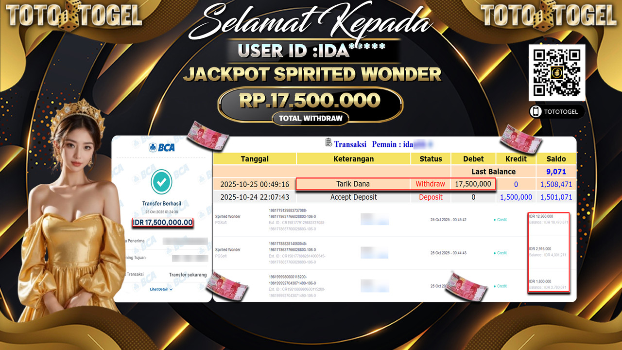 Bukti Pembayaran Jackpot Permainan Slot Spirited Wonder ID:IDA**** LUNAS