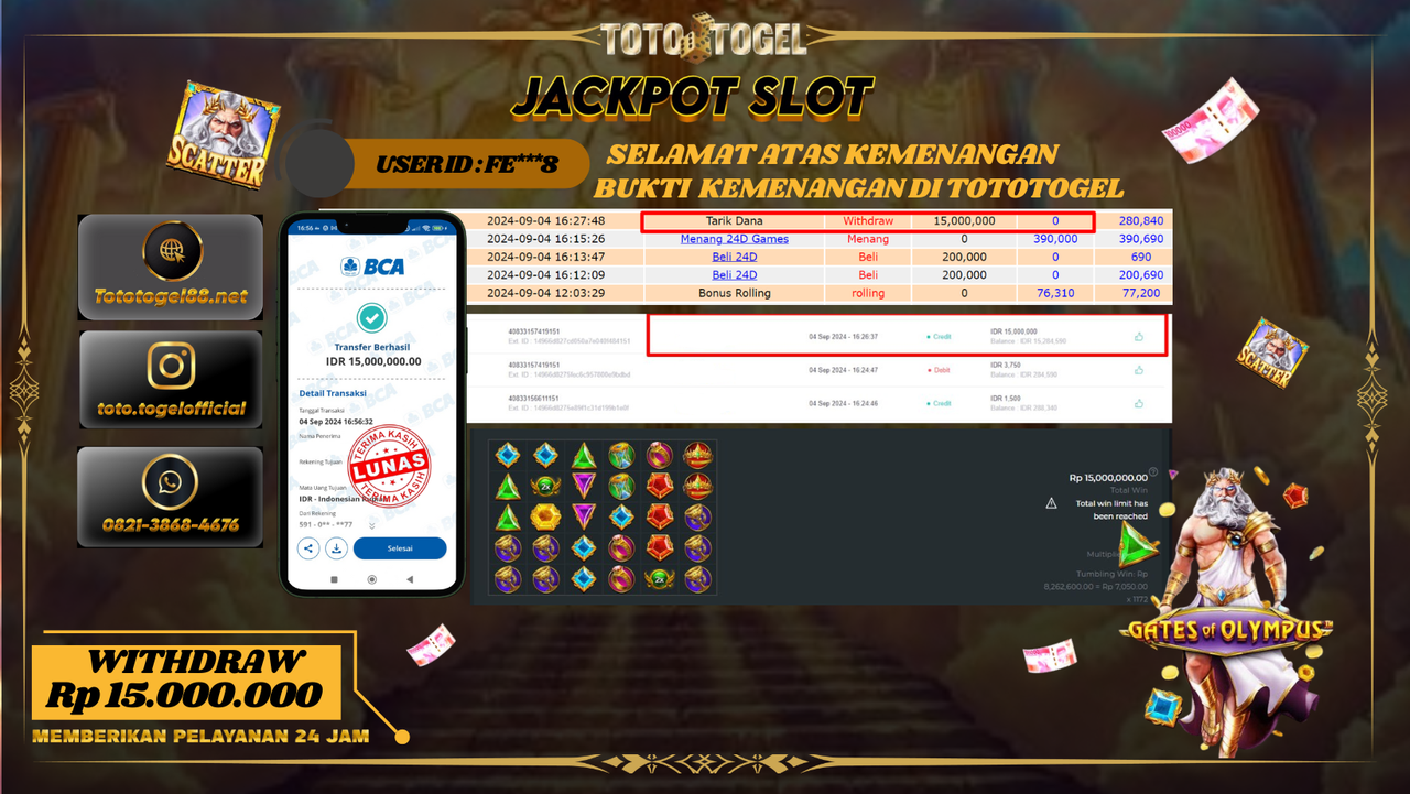 Bukti Kemenangan Permainan Slot Gates Of Olympus Dengan ID : FE***8 Terbayar Lunas!!