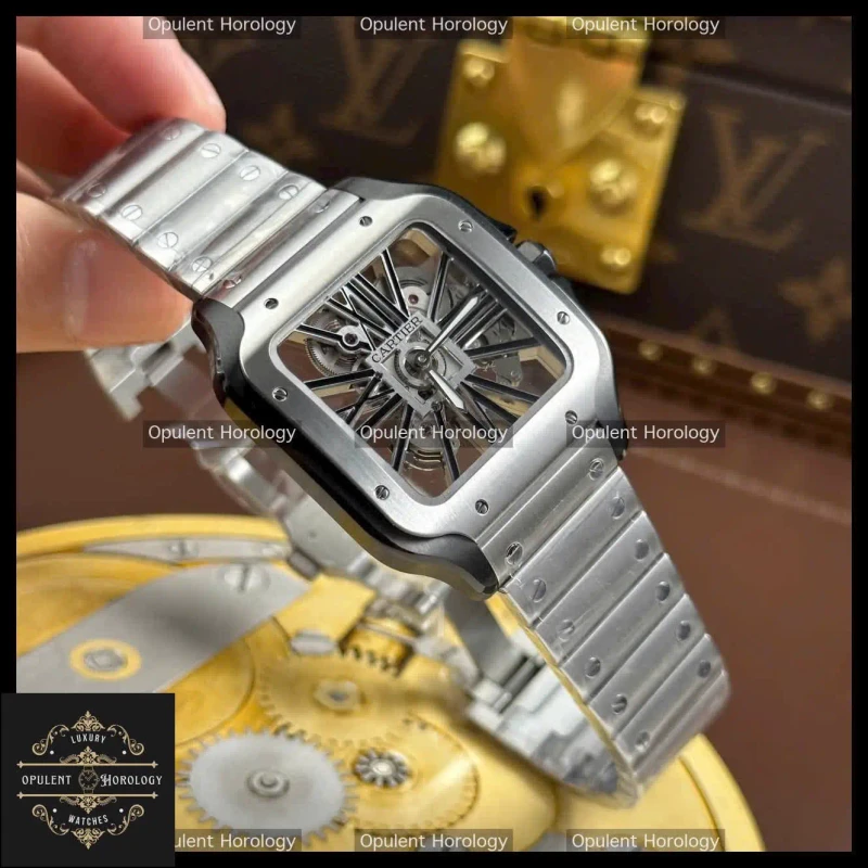 Cartier Santos Skeleton Replica 1:1 Watch Black Bezel 39.8mm Manual Winding Movement