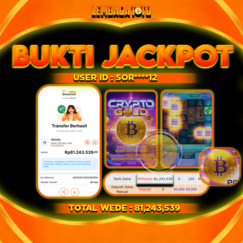 BUKTI JACKPOT 08 DECEMBER LEMBAGATOTO CRYPTO GOLD Rp81,243,539,- LUNAS