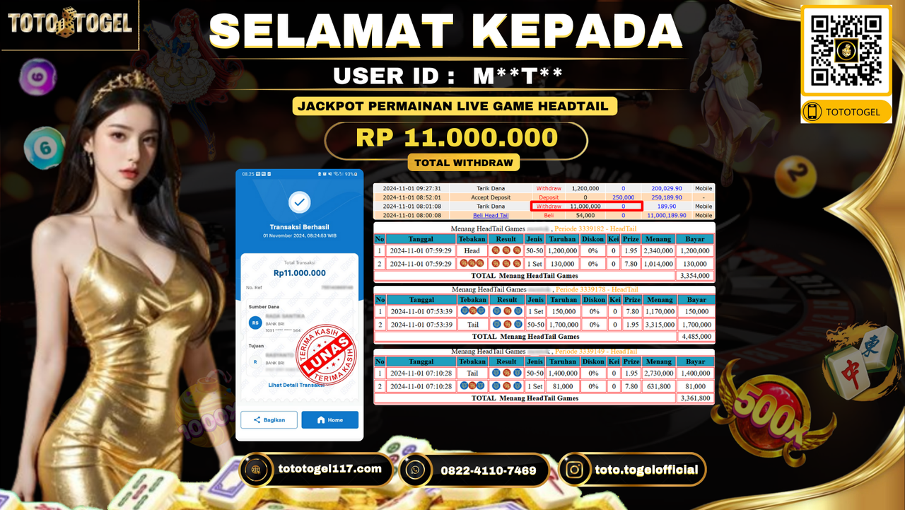 Bukti Pembayaran Jackpot Permainan Live Game HeadTail ID:M**T** LUNAS 