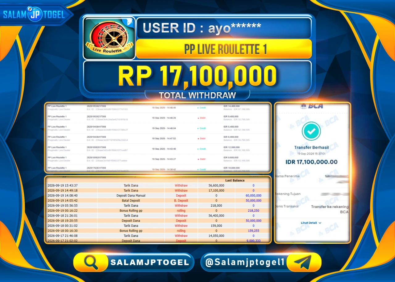 SALAMJPTOGEL JACKPOT MENANG LIVEGAMES PP LIVE ROULETTE 1 Rp.17,100,000 - LUNAS