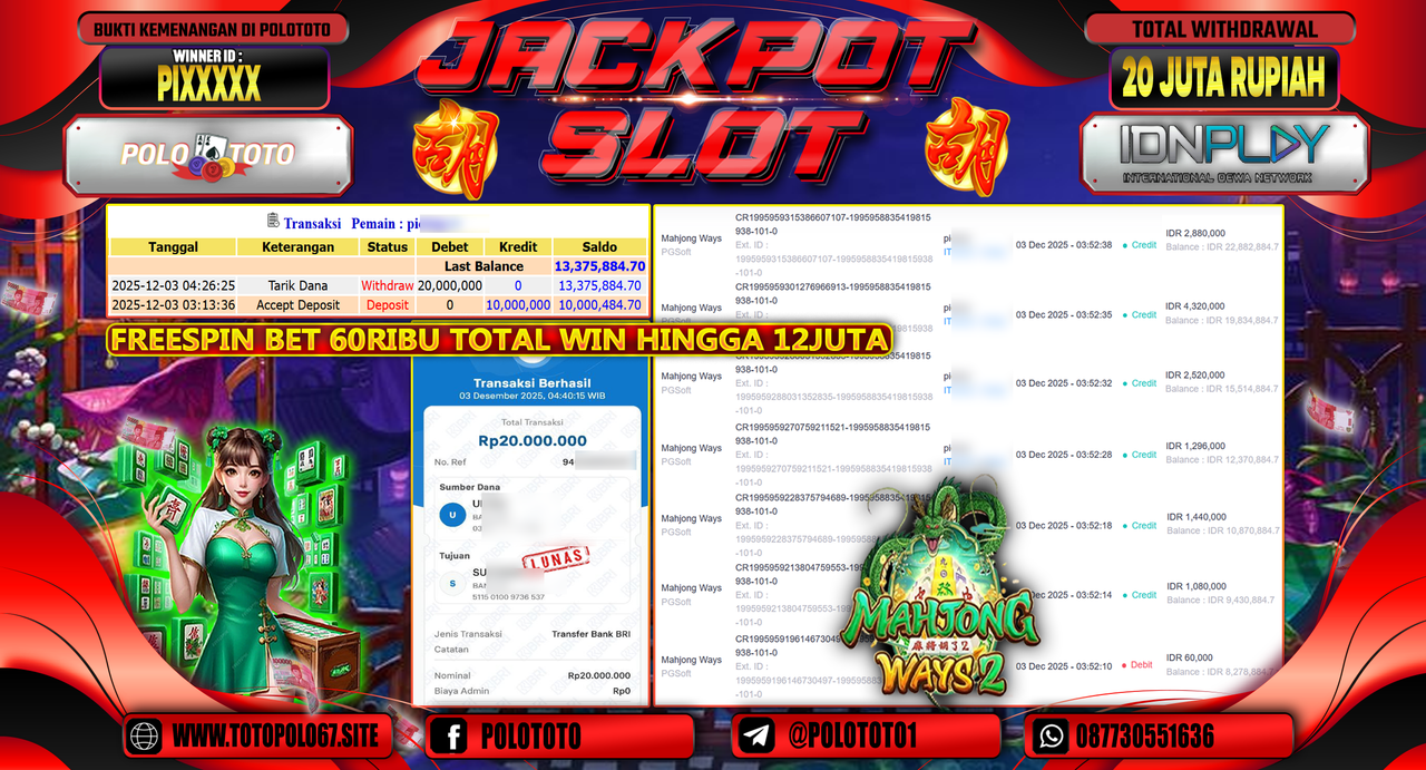 POLOTOTO JACKPOT SLOT MAHJONG WAYS Rp.20.000.000,- LUNAS