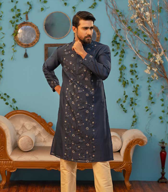 Men’s Exclusive Punjabi & Pajama : IND ( Black Flower Design)
