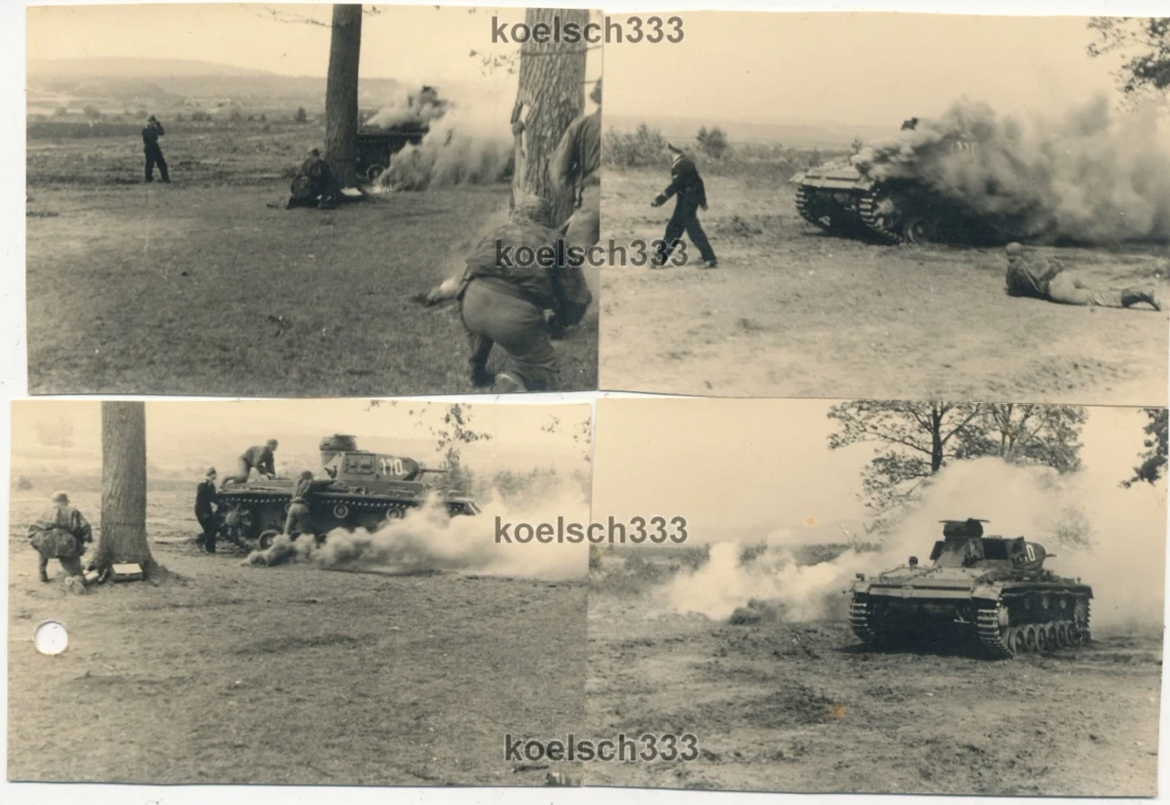 4 Fotos Panzerknacker Ausbildung Panzer III Nahkampf Flecktarnuniformen