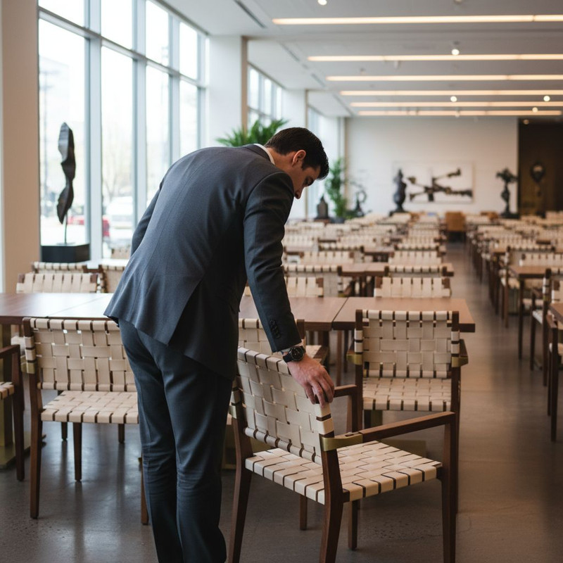 Человек внимательно осматривает стул перед арендой, проверяя его состояние и качество для мероприятия.