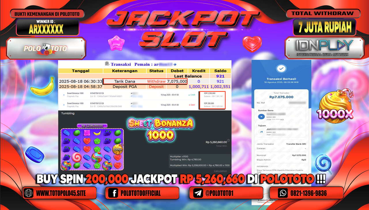 POLOTOTO JACKPOT SLOT SWEET BONANZA 1000 Rp.7.075.000,-