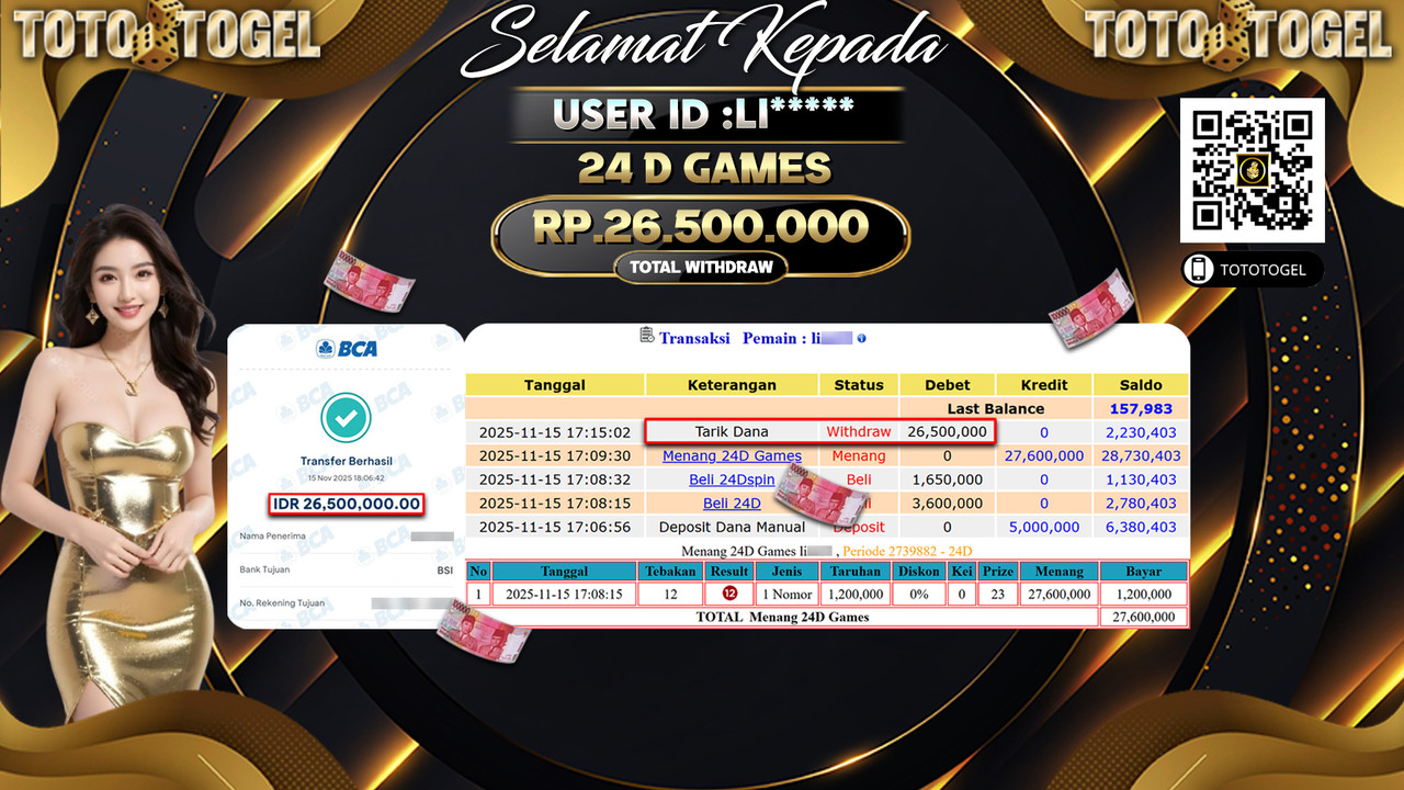Bukti Pembayaran Jackpot Permainan Live Game 24D ID:LI***** LUNAS