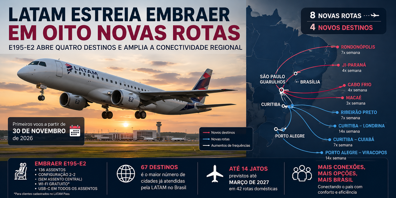 LATAM estreia Embraer E195-E2 em oito rotas e abre quatro novos destinos no Brasil