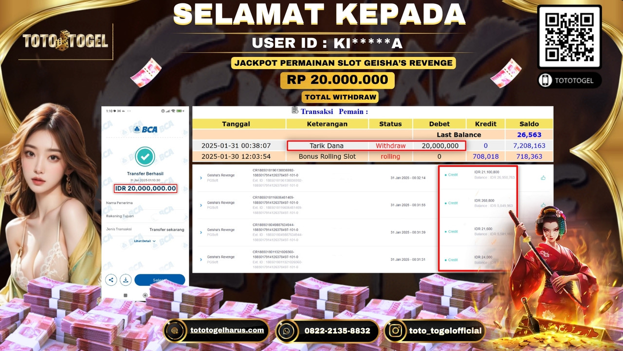 Bukti Pembayaran Jackpot  Permainan Slot Geishas Revenge  ID:KI****A LUNAS