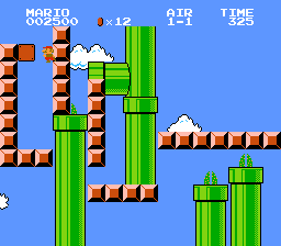 Instantly landing on a spot in the wall after jumping through the rightward hidden block (unactivated) while the leftward hidden block has already been activated in Air 1-1.