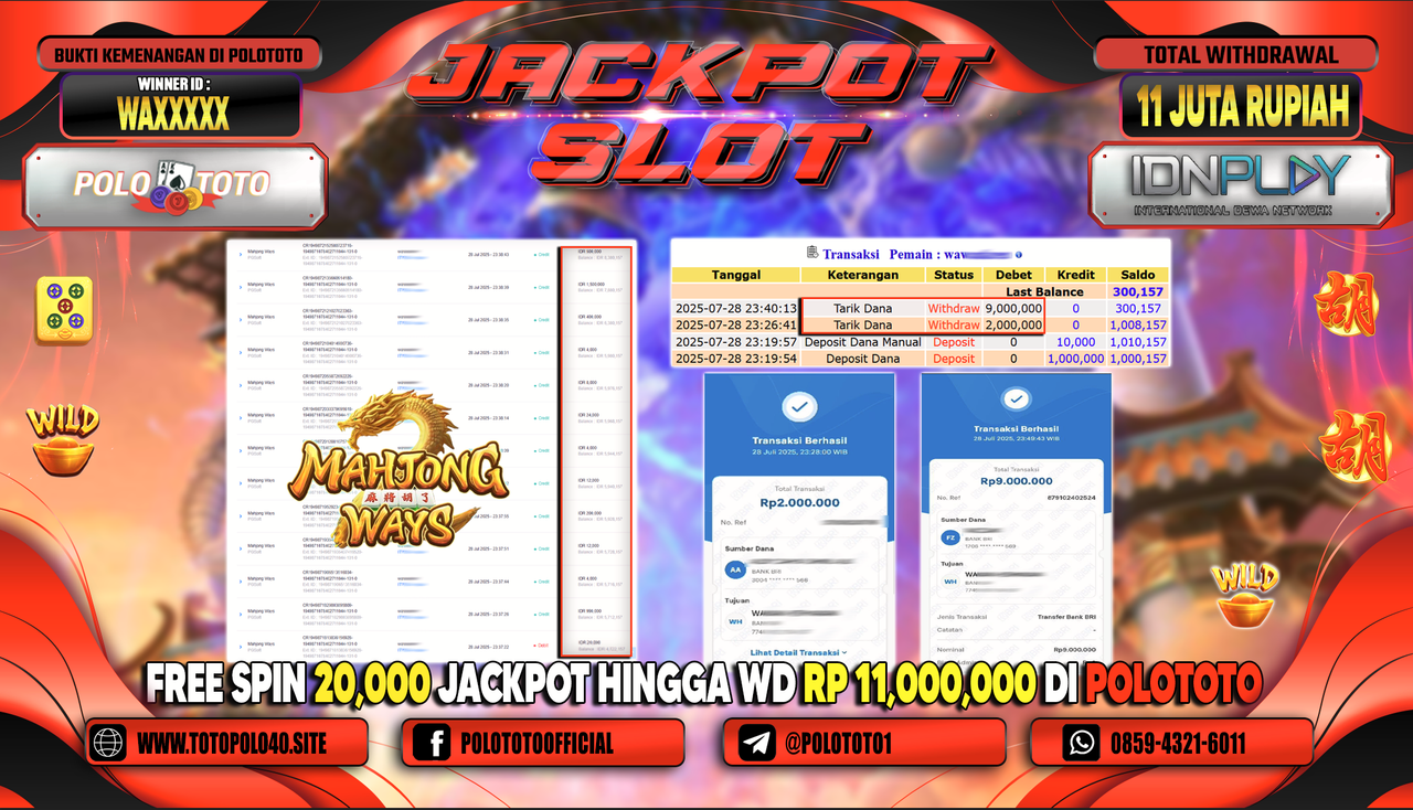 POLOTOTO JACKPOT SLOT MAHJONG WAYS Rp.11.000.000,-LUNAS