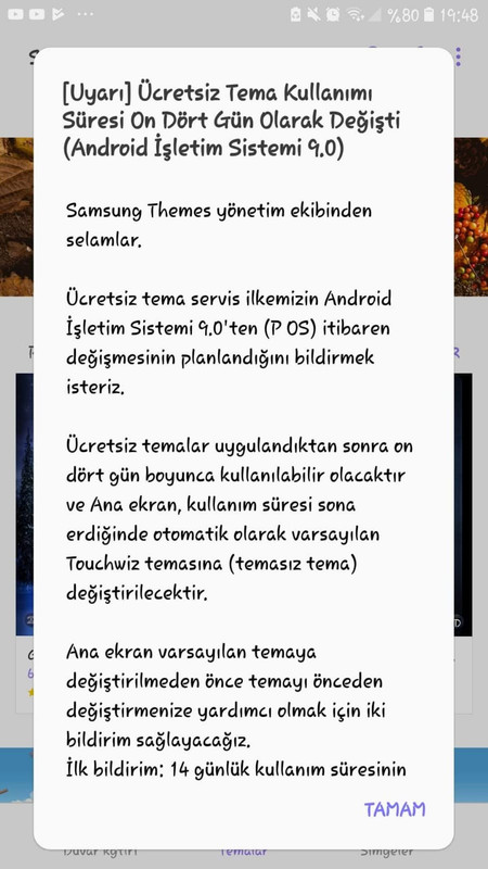 samsung ücretsiz tema kullanımı süresi on dört gün olarak değişti