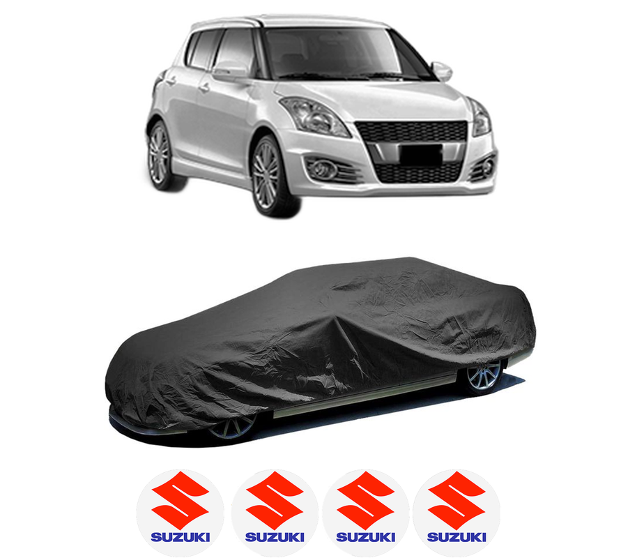 Husa tip prelata auto pentru SUZUKI SWIFT IV (FZ, NZ) din 2010-2013, Culoare Negru, material textil impermeabil, rezistanta la intemperii praf UV, CARPASSION Husa Protectie, 4 Stickere auto cu SUZUKI