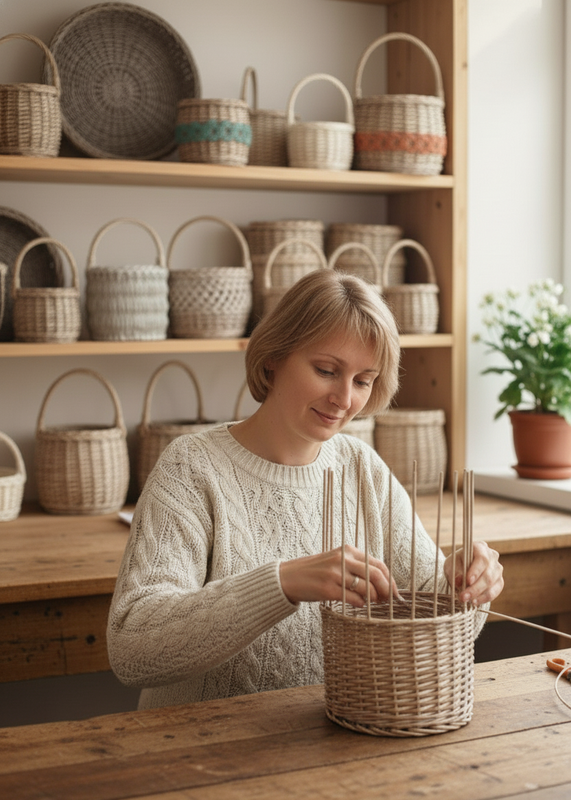 Анастасия плетёт корзину из бумажной лозы в уютной мастерской