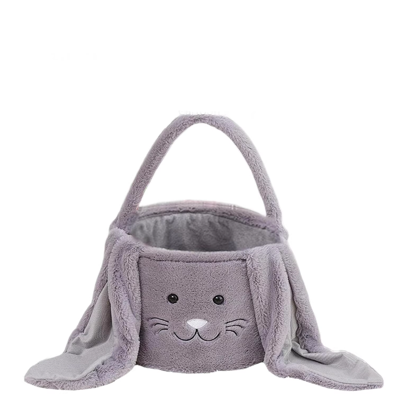 Grey Cute Plush Bunny Easter Basket with Long Ears and Personalization Option for Kids Egg Hunt and Spring Celebration