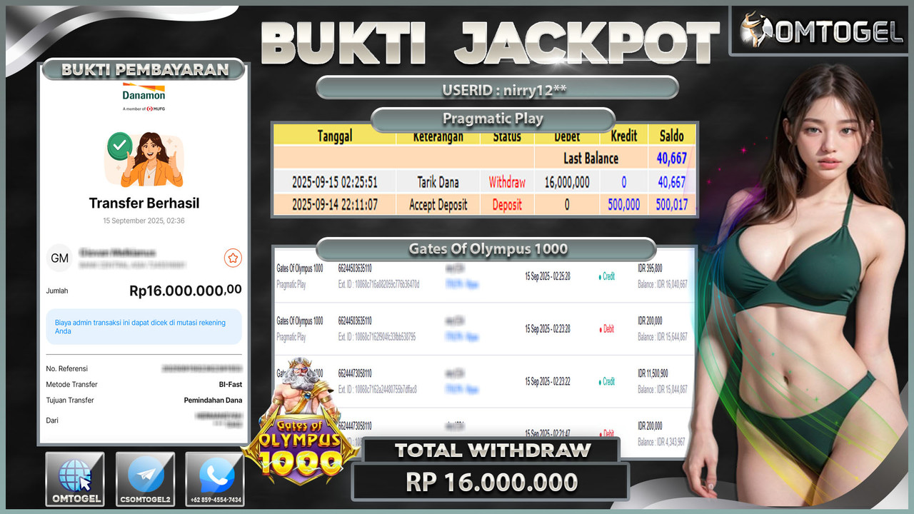 OMTOGEL JACKPOT PRAGMATIC PLAY GATES OF OLYMPUS 1000 16 JUTA DI BAYAR LUNAS ,-