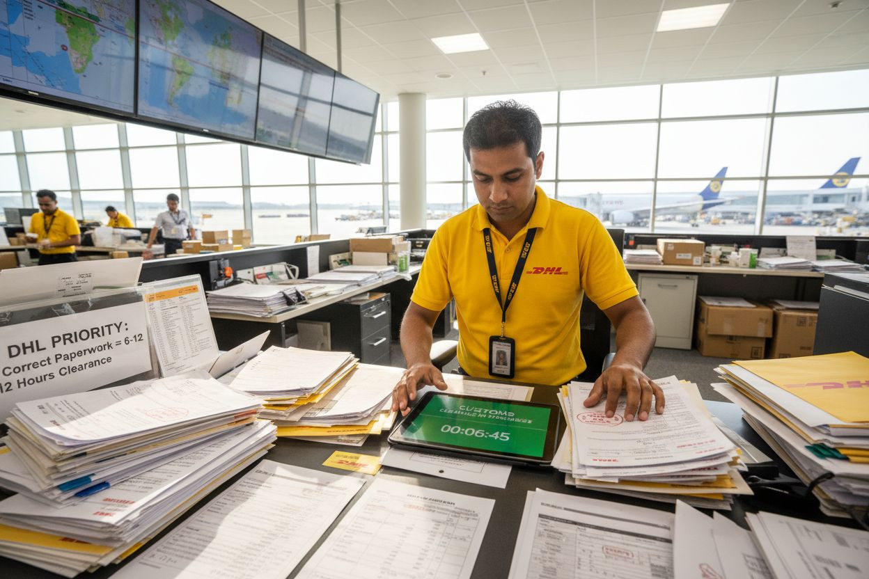 DHL Express priority customs clearance process showing fast 6-12 hour clearance times with proper documentation and paperwork