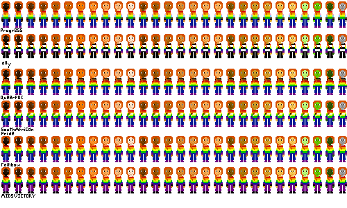 a row of people with pride flag shirts and ginger hair