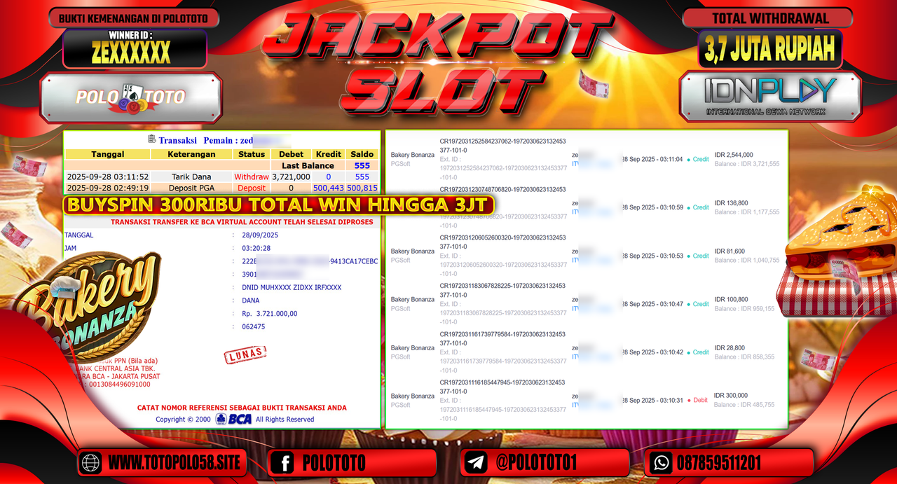 POLOTOTO JACKPOT SLOT BAKERY BONANZA Rp.3.700.000,- LUNAS