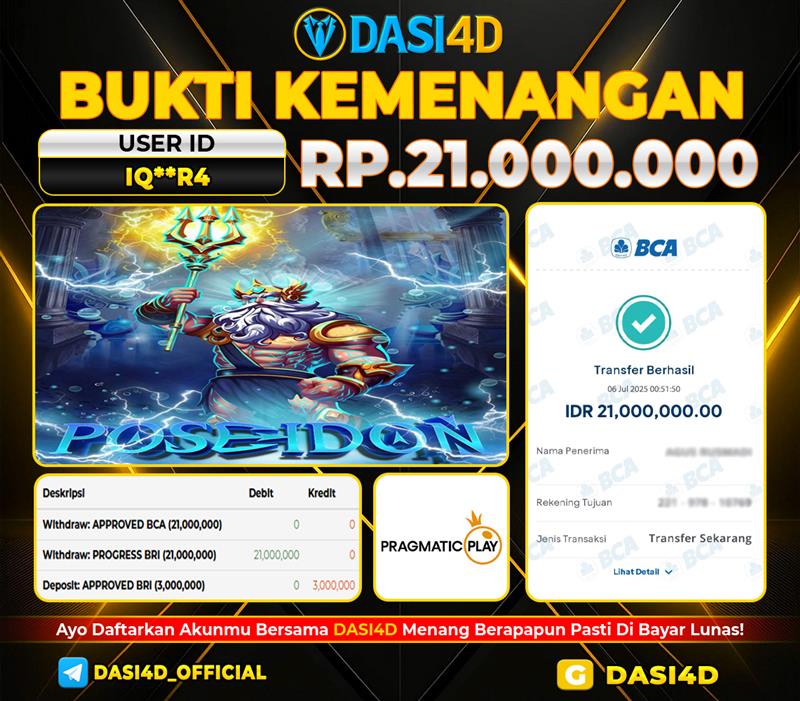 BUKTI KEMENANGAN 06 JULI 2025 DI POSEIDON WD RP 21.000.000