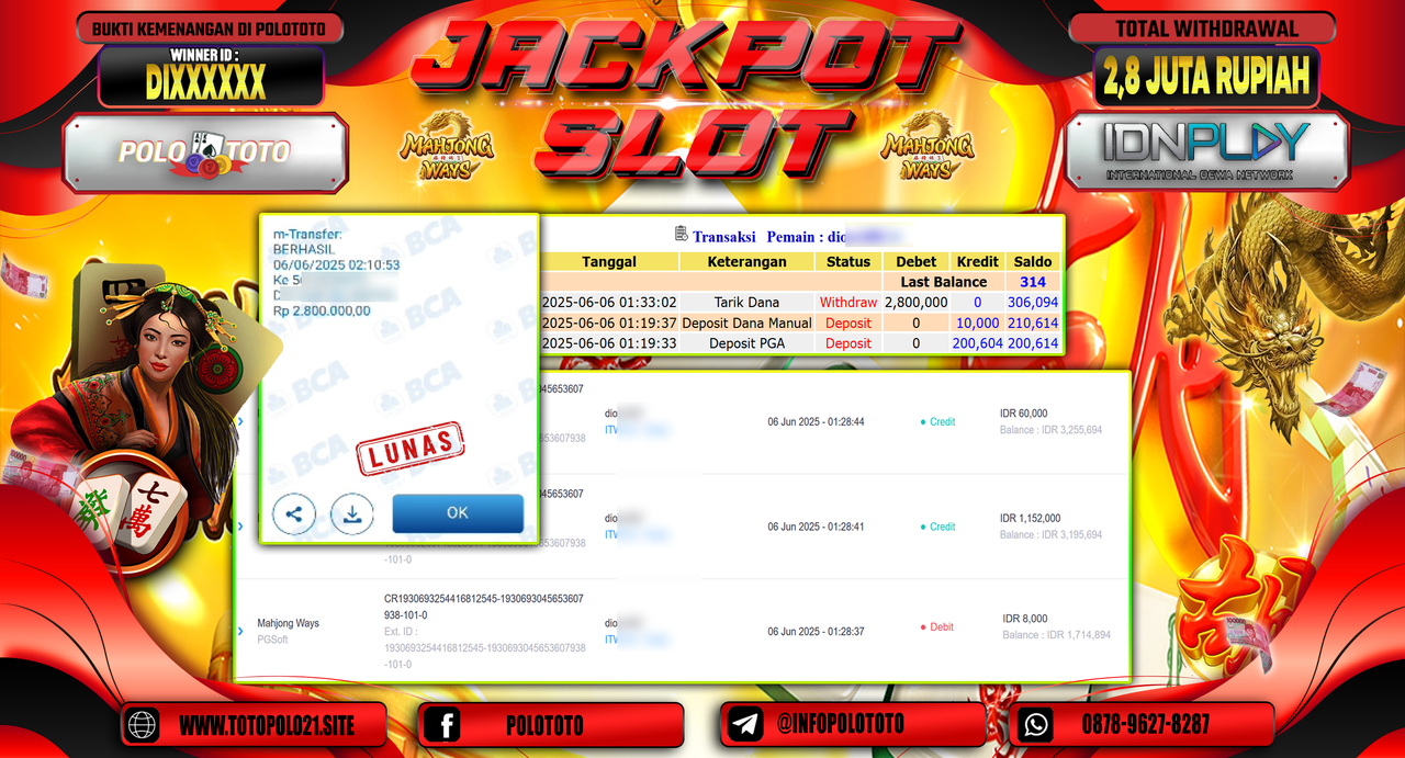 POLOTOTO JACKPOT SLOT MAHJONG WAYS  Rp.2.800.000,-